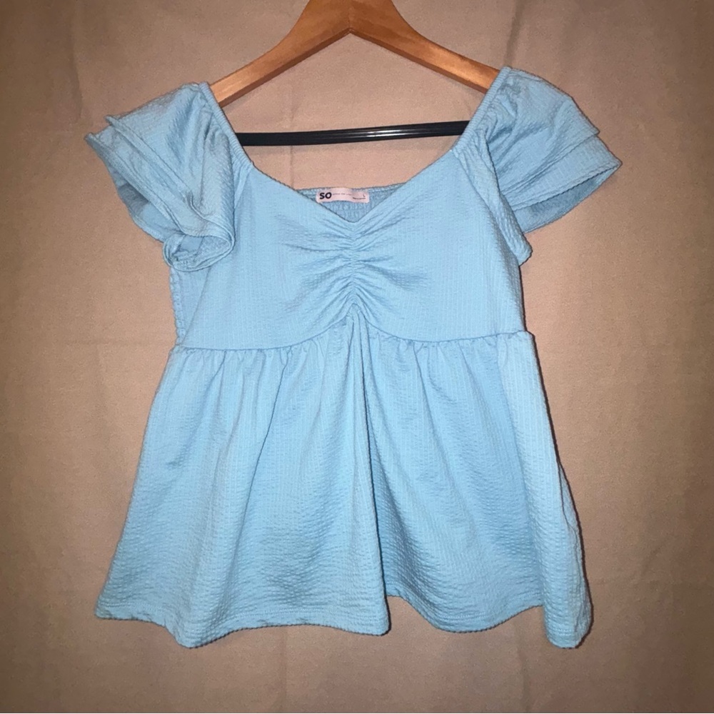 SO Blue Ruched Peplum Blouse with Cap Sleeves
